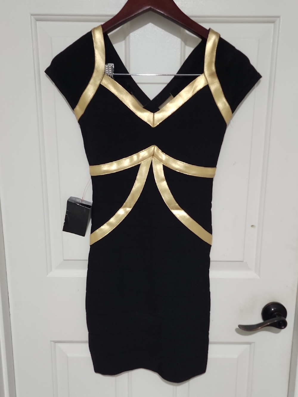 bebe Black Mini Dress with Gold Trim